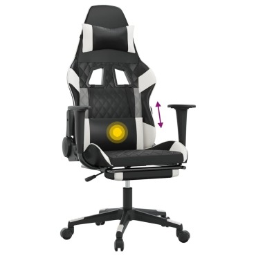vidaXL Καρέκλα Gaming Μασάζ Υποπόδιο Μαύρο άσπρο από Συνθετικό Δέρμα 64x60x(117-127)cm 1 τεμ.