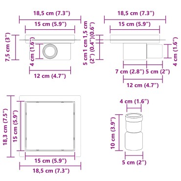 vidaXL 2 σε 1 εκροή ντους Ασημί 15 x 15 εκ Ανοξείδωτο Ατσάλι 304
