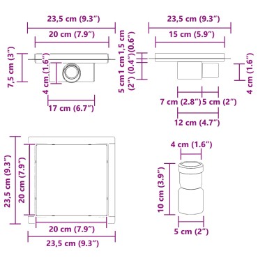 vidaXL 2 σε 1 εκροή ντους Ασημί 20 x 20 cm Ανοξείδωτο Ατσάλι 304
