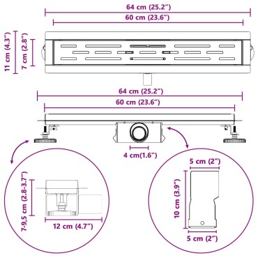 vidaXL Εκροή ντους με σχέδιο γραμμής Ασημί 60 cm Ανοξείδωτο Ατσάλι 304
