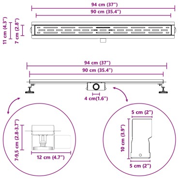 vidaXL Εκροή ντους με σχέδιο γραμμής Ασημί 90 cm Ανοξείδωτο Ατσάλι 304