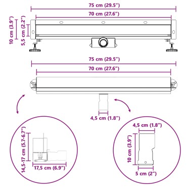 vidaXL Αποχέτευση Ντους Τοίχου Ασημί 70 cm Ανοξείδωτο Ατσάλι 304