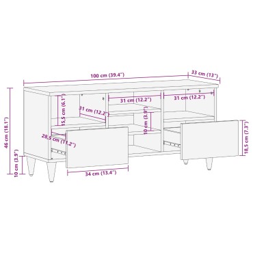 vidaXL Ντουλάπι TV με ράφι Καρυδιά 100x33x46cm Στερεό ξύλο μάνγκο 1 τεμ.