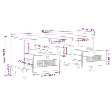 vidaXL Ντουλάπι TV με ράφι Καρυδιά 100x33x46cm Στερεό ξύλο μάνγκο 1 τεμ.