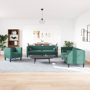 vidaXL Καναπές Chesterfield 3 τεμ. μαξιλάρια σκούρο πράσινο βελούδο 71x74,5x70,5cm  Διθέσιος Τριθέσιος