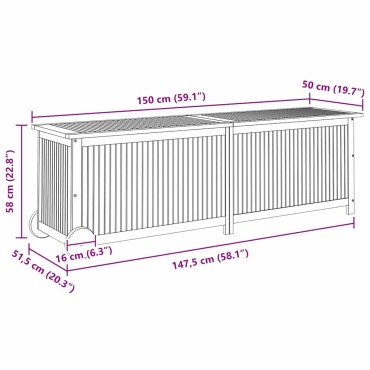 vidaXL Μπαούλο Αποθήκευσης Κήπου με Ρόδες 150x50x58cm Μασίφ Ακακία 1 τεμ.