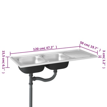 vidaXL Νεροχύτης Διπλή Γούρνα Ασημί 1200x500x155 χιλ. Ανοξείδ. Ατσάλι