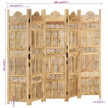 vidaXL Παραβάν Σκαλιστό στο Χέρι 5 Πάνελ 200x165cm Μασίφ Ξύλο Μάνγκο 1 τεμ.