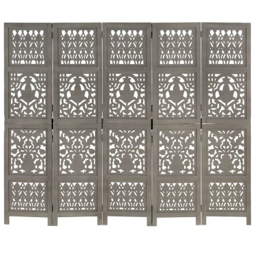 vidaXL Παραβάν Σκαλιστό στο Χέρι 5 Πάνελ Γκρι 200x165cm Ξύλο Μάνγκο 1 τεμ.