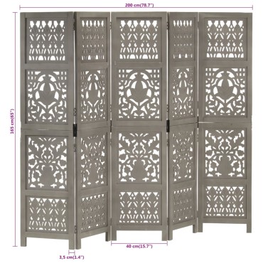 vidaXL Παραβάν Σκαλιστό στο Χέρι 5 Πάνελ Γκρι 200x165cm Ξύλο Μάνγκο 1 τεμ.