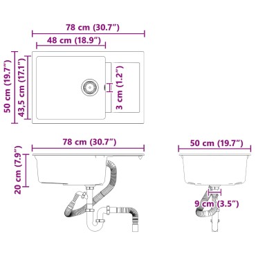 vidaXL Σιντρινο Λευκό 780 x 500 mm 80% Χαλαζίας και 20% Ρητίνη