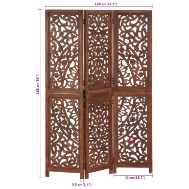 vidaXL Παραβάν Σκαλιστό στο Χέρι 3 Πάνελ Καφέ 120x165cm Ξύλο Μάνγκο 1 τεμ.