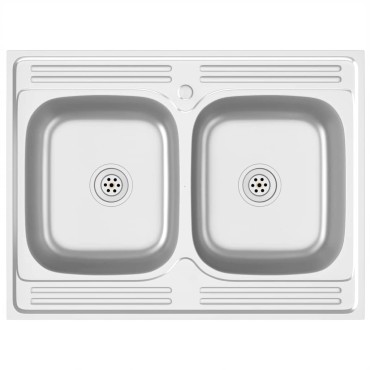 vidaXL Νεροχύτης Διπλή Γούρνα Ασημί 800x600x155 χιλ. Ανοξείδωτο Ατσάλι
