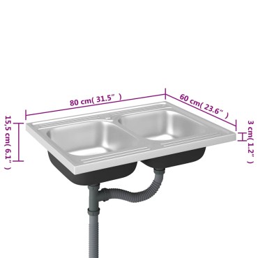 vidaXL Νεροχύτης Διπλή Γούρνα Ασημί 800x600x155 χιλ. Ανοξείδωτο Ατσάλι