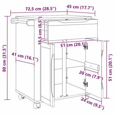 vidaXL Καρότσι Κουζίνας FLORO Κερωτό καφέ 72,5x45x80 εκ 1 τεμ.