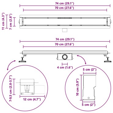 vidaXL Εκροή ντους με γυάλινη επικάλυψη Μαύρο 70 cm
