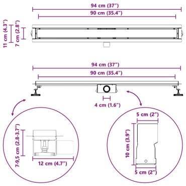 vidaXL Εκροή ντους με γυάλινη επικάλυψη Μαύρο 90 cm