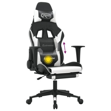 vidaXL Καρέκλα Gaming Μασάζ Υποπόδιο Μαύρο άσπρο από Συνθετικό Δέρμα 67x58x(118-128)cm 1 τεμ.