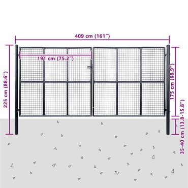 vidaXL Πόρτα Κήπου με Πλέγμα Γκρι 400x175 εκ. από Γαλβανισμένο Ατσάλι