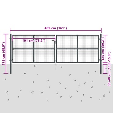 vidaXL Πόρτα Κήπου με Πλέγμα Γκρι 400x125 εκ. από Γαλβανισμένο Ατσάλι