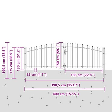 vidaXL Διπλή Πύλη WOERDEN 400 x 199.5 εκ. Ατσάλι Γκρι Κλειδώσιμο