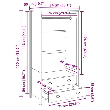 vidaXL Ντουλάπι με ράφι HILL Μέλι Καφέ 84x50x170cm Στερεό πεύκο