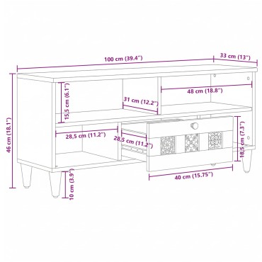 vidaXL Ντουλάπι TV με ράφι Φυσικό 100x33x46cm Στερεό ξύλο μάνγκο 1 τεμ.