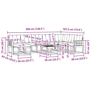 vidaXL Σειρά Καναπέ Εξωτερικού με μαξιλάρι 9 τεμ. Φυσικό και Μαύρο 59x59x37cm