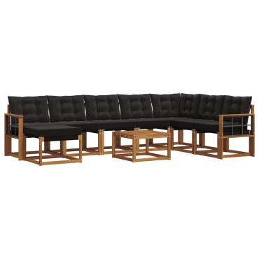 vidaXL Σειρά Καναπέ Εξωτερικού με μαξιλάρι 9 τεμ. Φυσικό και Μαύρο 59x59x37cm