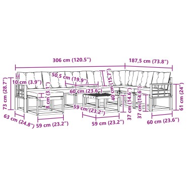vidaXL Σειρά Καναπέ Εξωτερικού με μαξιλάρι 9 τεμ. Φυσικό και Μαύρο 59x59x37cm