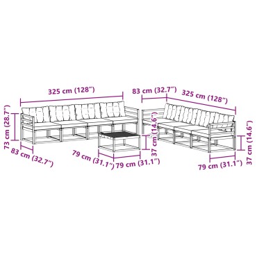 vidaXL Σειρά Καναπέ Εξωτερικού με μαξιλάρι 9 τεμ. Φυσικό και Μαύρο 79x79x37cm