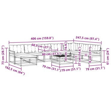 vidaXL Σειρά Καναπέ Εξωτερικού με μαξιλάρι 9 τεμ. Φυσικό και Μαύρο 79x79x37cm