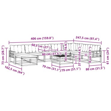 vidaXL Σειρά Καναπέ Εξωτερικού με μαξιλάρι 9 τεμ. Φυσικό και Μαύρο 79x79x37cm