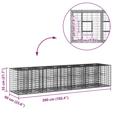 vidaXL Ανασηκωμένο κρεβάτι gabion 2 τμχ. 260x60x55cm Ασημί