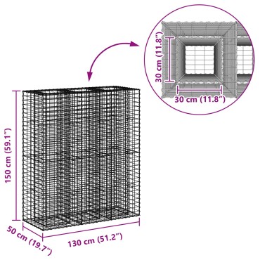vidaXL Ανασηκωμένο κρεβάτι gabion 2 τμχ. 130x50x150cm Ασημί