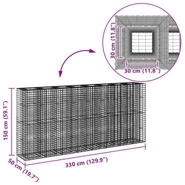 vidaXL Ανασηκωμένο κρεβάτι gabion 4 τμχ. 330x50x150cm Ασημί