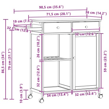 vidaXL Καλάθι κουζίνας με ρόδες Φυσικό 90,5x36x86,5cm Μπαμπού