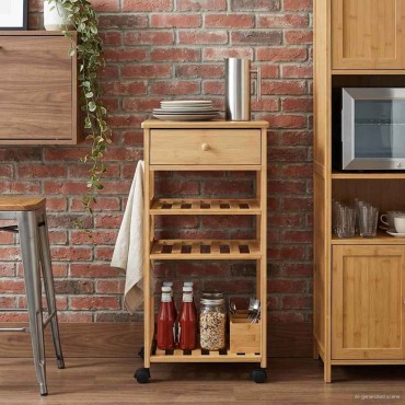 vidaXL Καλάθι κουζίνας με ρόδες Φυσικό 37x36x80cm Μπαμπού