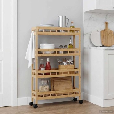 vidaXL Καλάθι κουζίνας με ρόδες Φυσικό 60x18x97cm Μπαμπού