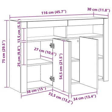 vidaXL Μπουφές με LED Μαύρος 115,5x30x75cm 1 τεμ.
