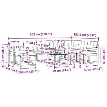 vidaXL Σειρά Καναπέ Εξωτερικού με μαξιλάρι 9 τεμ. Φυσικό και Μαύρο 59x59x37cm