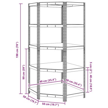 vidaXL Γωνιακό ράφι με ράφι Ασημί 90 x 90 x 198 cm Επεξεργασμένο Ξύλο