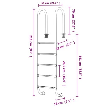 vidaXL Σκάλα Πισίνας 54 x 38 x 211 εκ. από Ανοξείδωτο Ατσάλι 304