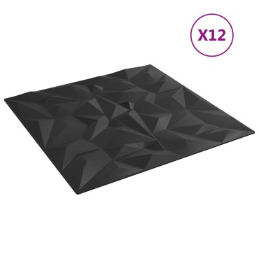 vidaXL Πάνελ τοίχου 12 τμχ. 50 x 50 cm Μαύρο Φελιζόλ XPS