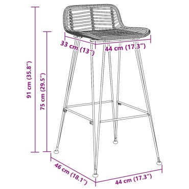 vidaXL Μπαρ σκαμπό 2 τεμ. Μαύρο 44x46x91cm Ράτταν και Χάλυβας