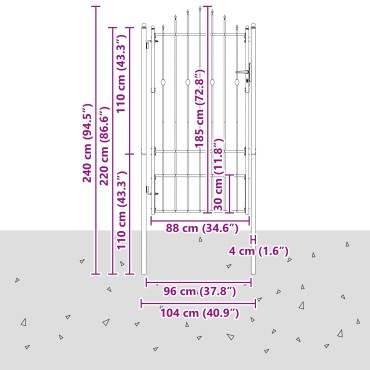 vidaXL Πύλη Φράχτη ASTEN 100 x 175 cm Μέταλλο Μαύρο Κλειδώσιμο