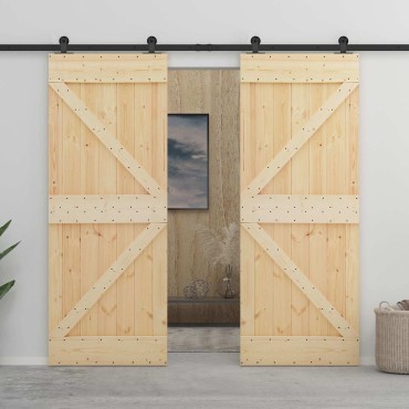 vidaXL Συρόμενη Πόρτα Φυσικό και Μαύρο 80 x 210 cm Μασίφ Ξύλο Πεύκου