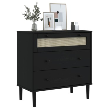 vidaXL Συρταριέρα SENJA Μαύρη Όψη Ρατάν 80x40x80cm Μασίφ Ξύλο Πεύκου 1 τεμ.