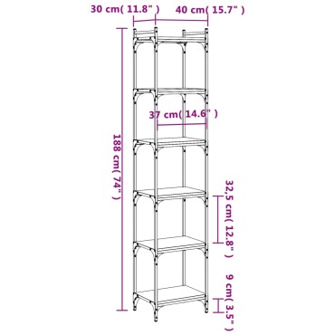vidaXL Βιβλιοθήκη 6 Επιπέδων Καπνιστή Δρυς 40x30x188cm Επεξεργ. Ξύλο 1 τεμ.