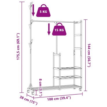 vidaXL Ράφι Ρούχων με Ράφια και Ρόδες 100x38x175,5 εκ. από Μπαμπού